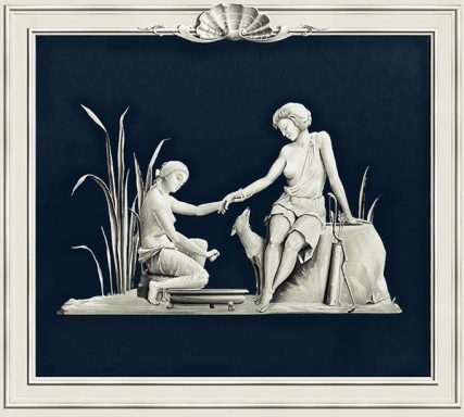 "Diana im Bade" blau Zwei badende Personen an einem Teich.Im Hintergrund eine Landschaft