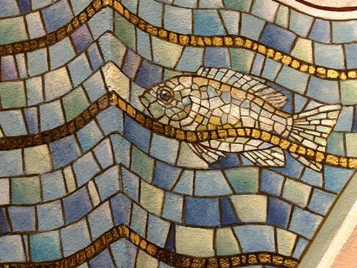 Das Element Wasser in Mosaikoptik mit Fisch,z.T. vergoldet