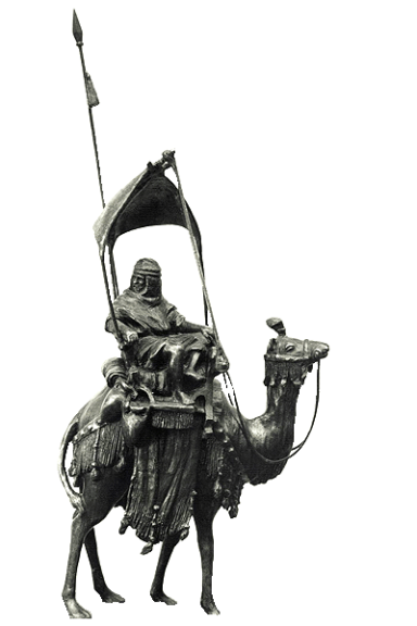 Bronzeskulptur "Der Mittag". Dargestellt ist ein Kamel mit Reiter ,aufrecht mit einer Art Baldachin, zum Schutz gegen die Sonne.