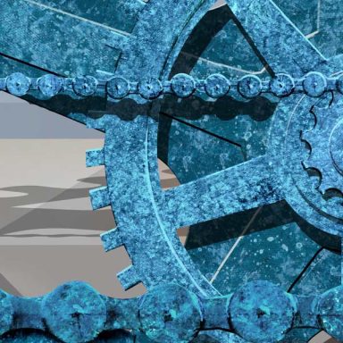 Das Bild zeigt eine surrealistische Landschaft mit metallenen Oberflächen und Strukturen.