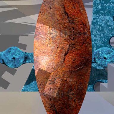 Das Bild zeigt eine surrealistische Landschaft mit metallenen Oberflächen und Strukturen.