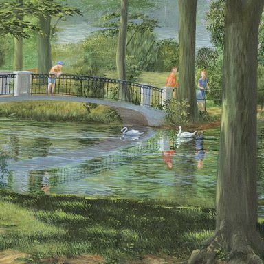 Eine impressionistische Seelandschaft.Im Vordergrund eine Holzbrücke mit Personen.