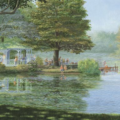 Eine impressionistische Seelandschaft.Im Vordergrund ein Pavillion mit Holzsteg und Booten