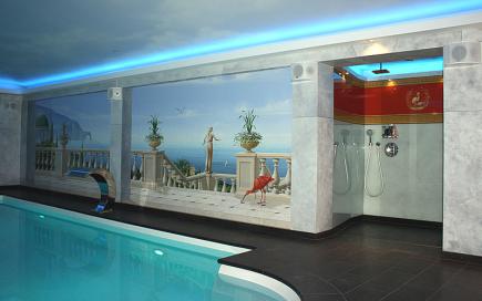 Schwimmbad mit mediterranem Flair. Die Duschnische wurde in die Gestaltung mit einbezogen