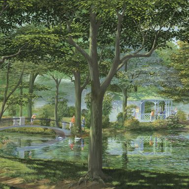 Eine impressionistische Seelandschaft.Im Vordergrund ein Pavillion