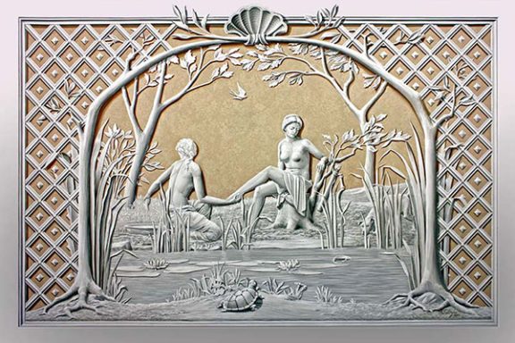 Gesamtansicht "Diana im Bade" Zwei badende Personen an einem Teich.Im Hintergrund eine Landschaft.Ausschnitt detail